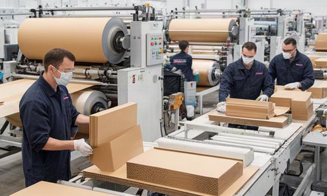 Produktionsteam an einer modernen Anlage für Wellkarton und Faltschachteln