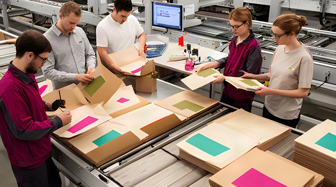 Mitarbeitende prüfen bedruckte Kartonverpackungen an einer modernen Produktionslinie