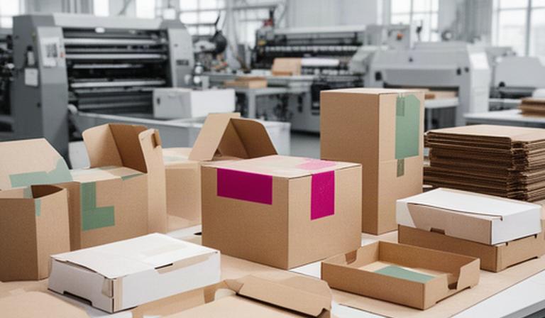 Bedruckte Kartonverpackungen auf einem Arbeitstisch in einer modernen Produktionshalle