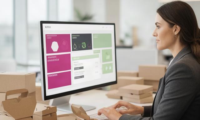 Mitarbeiterin prüft einen digitalen Auftrag für bedruckte Kartonverpackungen in einem hellen Büro
