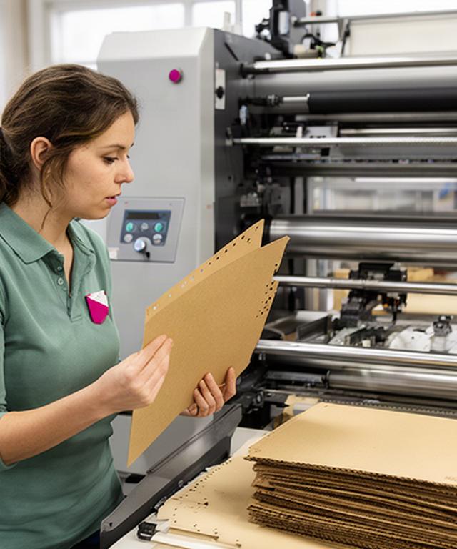 Mitarbeiterin kontrolliert gestanzte Kartonbögen neben einer Maschine in der Verpackungsproduktion