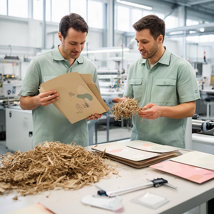 Mitarbeitende prüfen bedruckte Kartonbögen und Recyclingfasern in einem hellen Schweizer Produktionsbetrieb