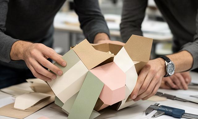Design- und Qualitätsteam prüft einen bedruckten Verpackungsprototyp