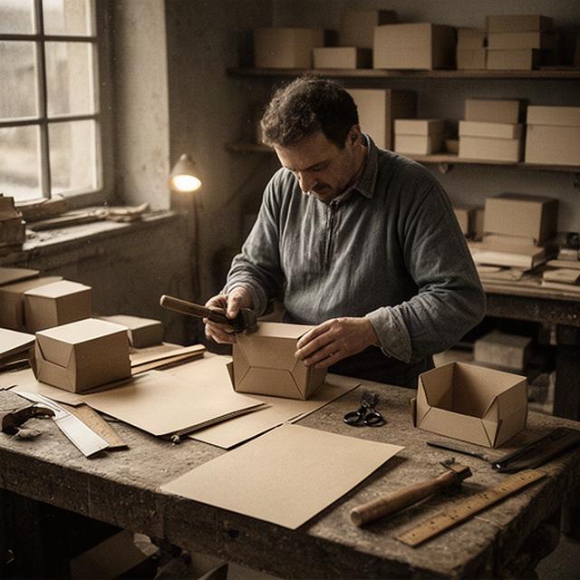Historische Aufnahme einer Schachtelmanufaktur in La Chaux-de-Fonds mit Kartonbögen und Handwerkzeugen