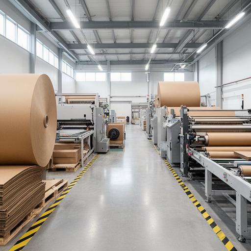 Produktionshalle von Bernard Papier AG mit Kartonrollen und moderner Verarbeitungslinie