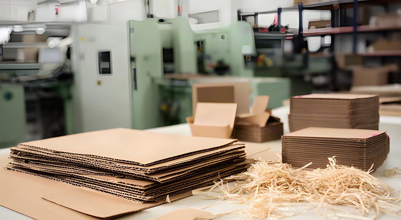 Recyclingkarton und Papierverpackungen auf einem Arbeitstisch in der Produktion von Bernard Papier AG