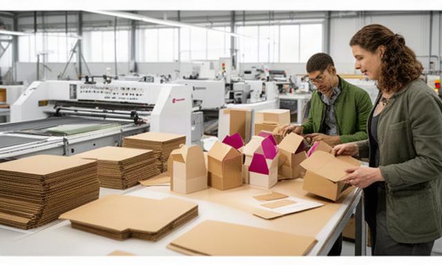 Mitarbeitende prüfen bedruckte Kartons in einer hellen Schweizer Produktionshalle